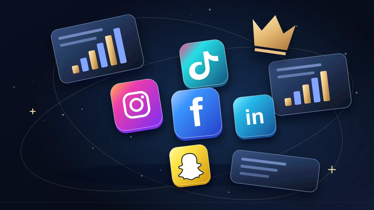 Dimensional social platform tiles with gold orbital paths and strategy panels