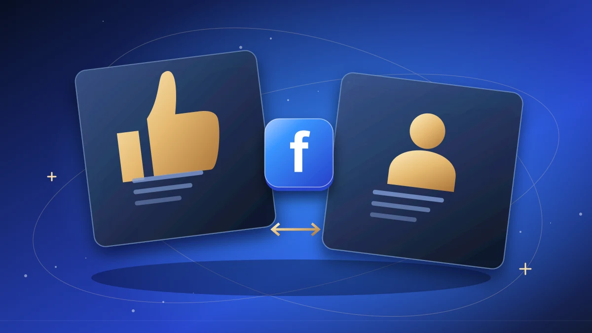 Facebook cards comparing a thumbs-up symbol with a follow notification