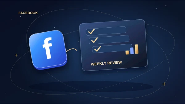 Facebook tile beside a weekly analytics dashboard and review checklist