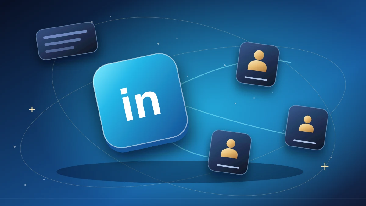 LinkedIn emblem connected to professional topic cards and audience nodes