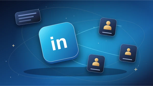 LinkedIn emblem connected to professional topic cards and audience nodes