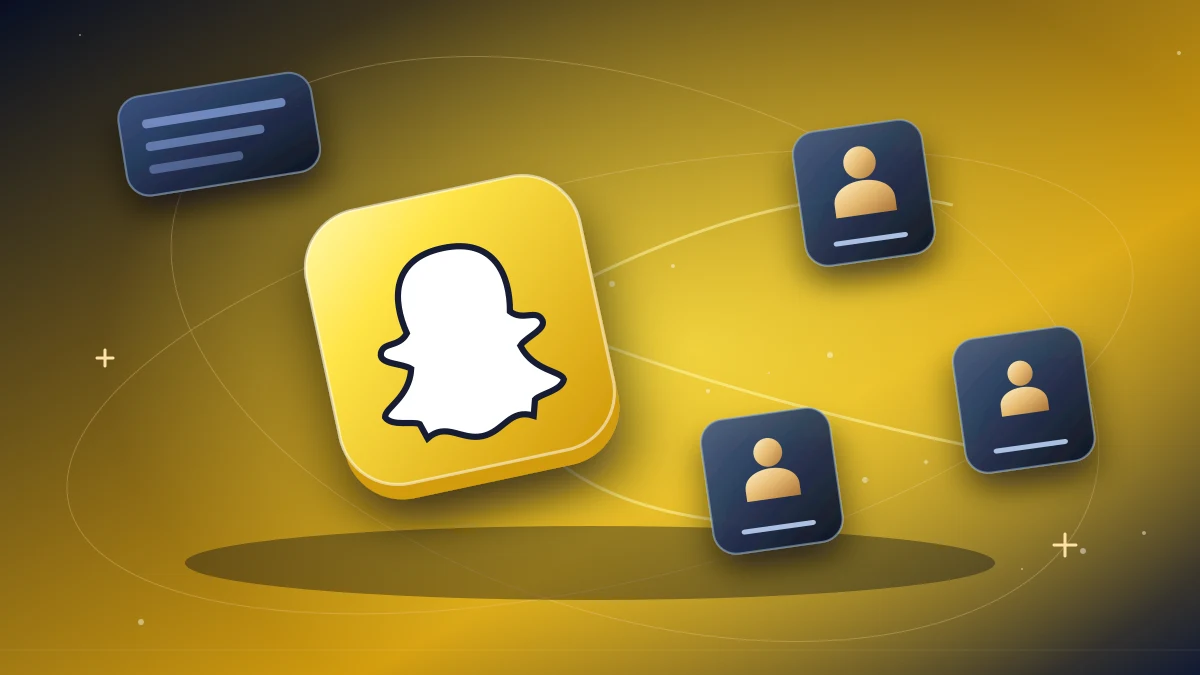 Yellow Snapchat-style ghost tile beside story frames and audience paths