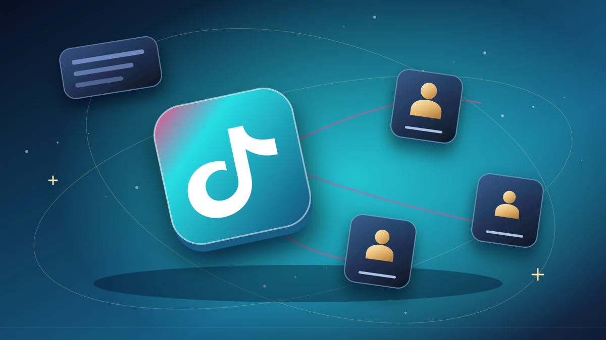 TikTok music tile with orbiting audience cards and a follow symbol