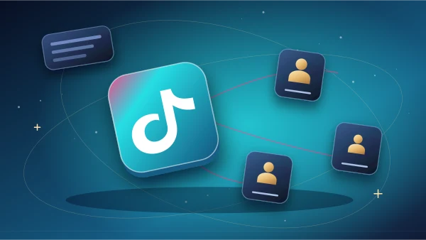 TikTok music tile with orbiting audience cards and a follow symbol