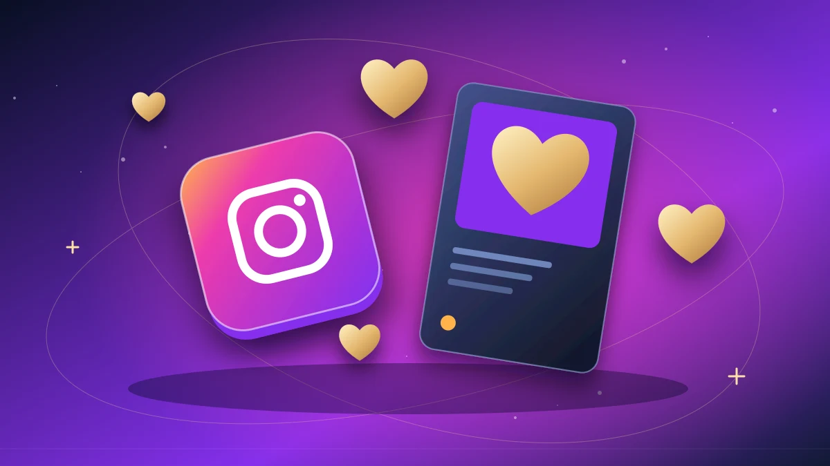 Dimensional Instagram tile with floating heart tokens and a post preview