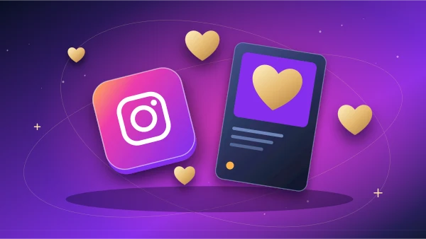 Dimensional Instagram tile with floating heart tokens and a post preview