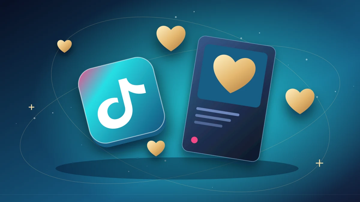 TikTok tile and floating heart shapes around a finished video frame