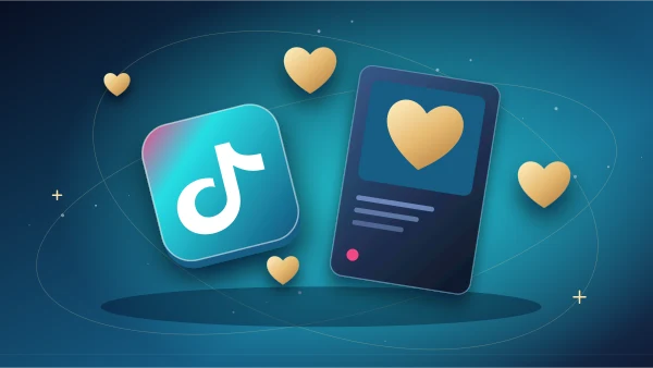 TikTok tile and floating heart shapes around a finished video frame
