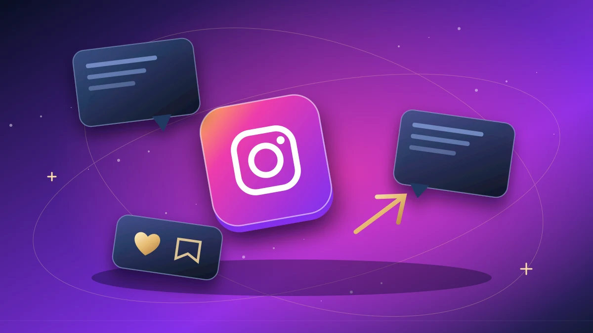 Instagram conversation bubbles surrounded by save, share and heart symbols