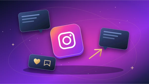 Instagram conversation bubbles surrounded by save, share and heart symbols