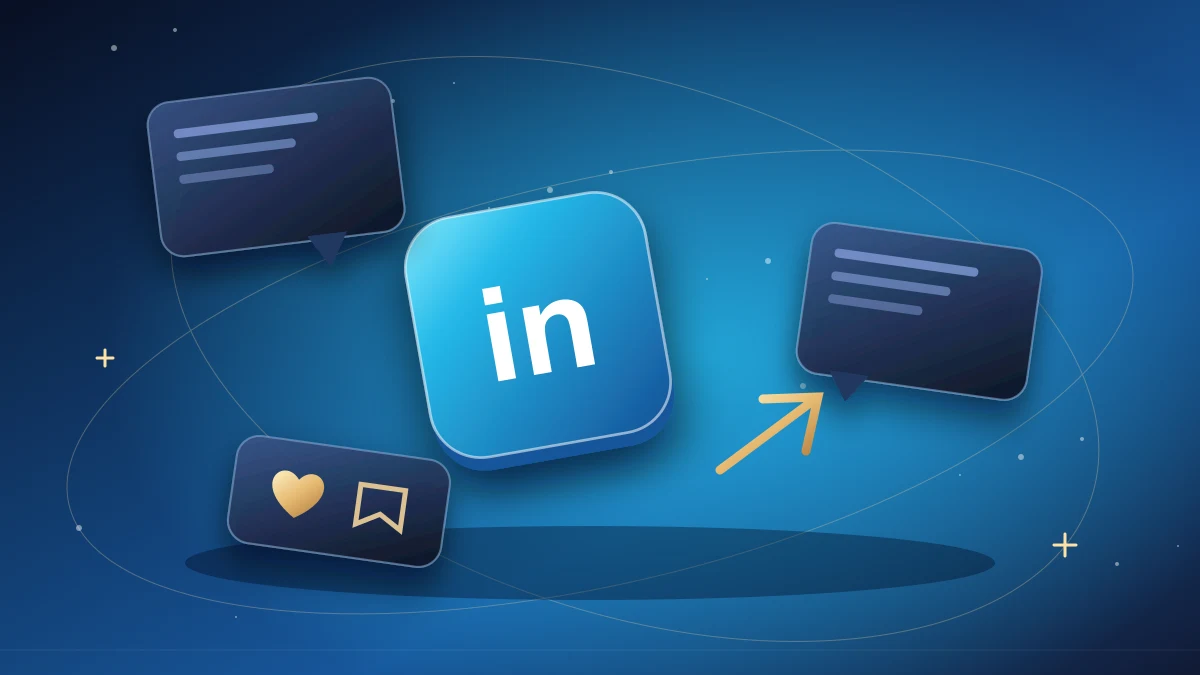 LinkedIn discussion panel with branching insights and document cards