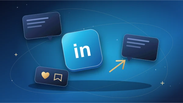LinkedIn discussion panel with branching insights and document cards