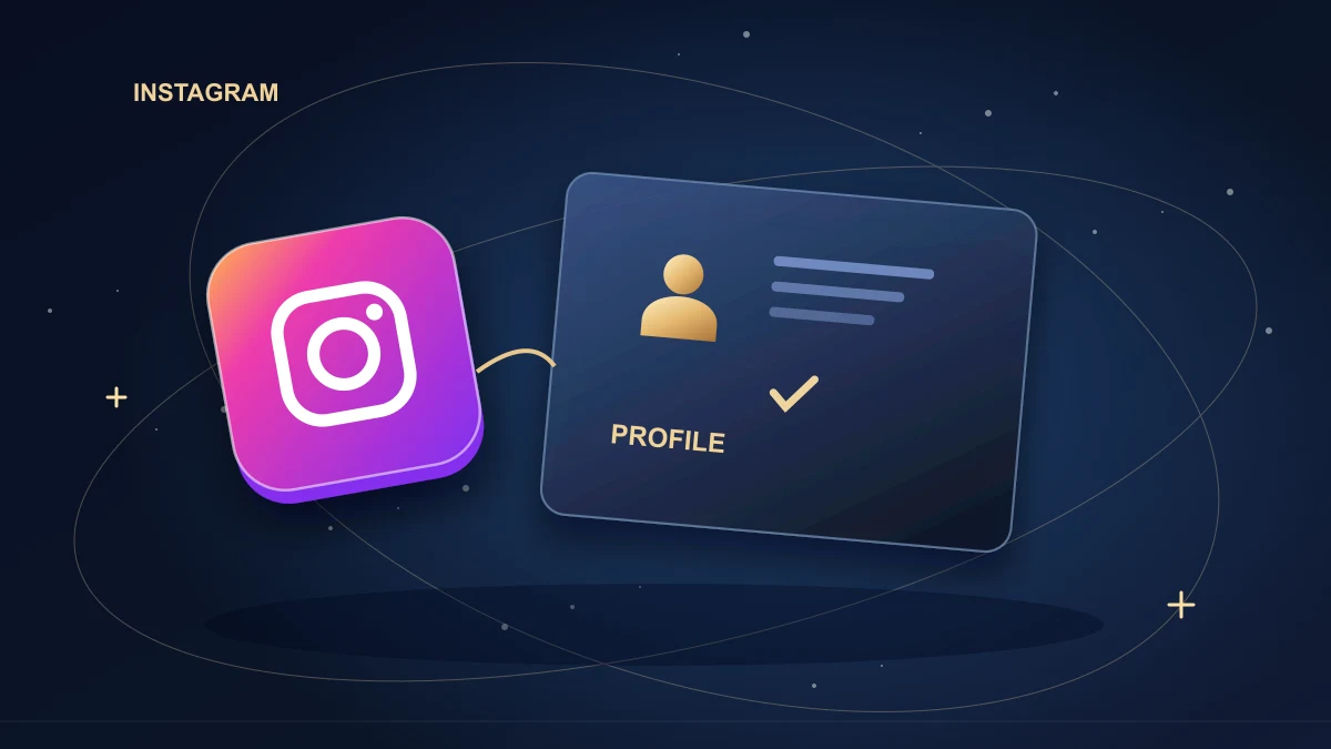 Magnified Instagram profile card with gold checkmarks beside the bio and pinned posts