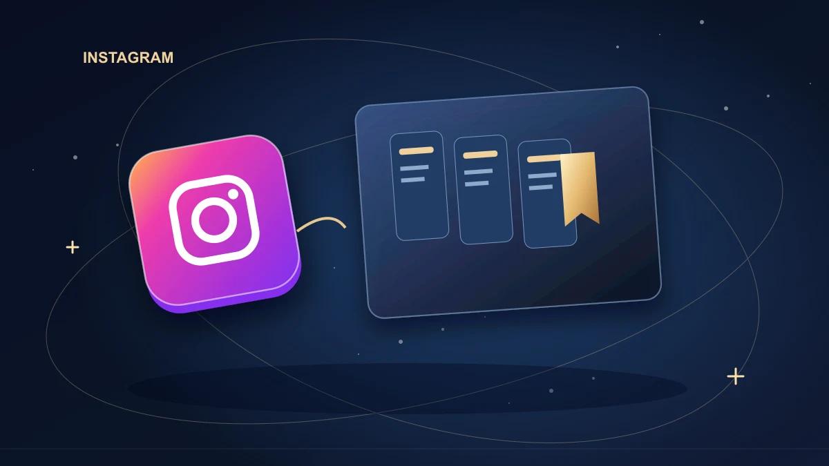 Layered Instagram carousel cards with a gold bookmark and step-by-step checklist