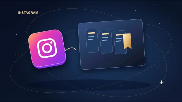 Layered Instagram carousel cards with a gold bookmark and step-by-step checklist