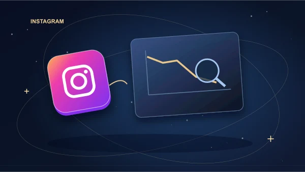 Instagram tile beside a descending reach chart and a gold diagnostic checklist