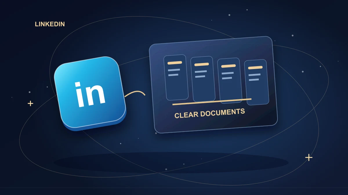 LinkedIn tile beside a stack of structured document pages