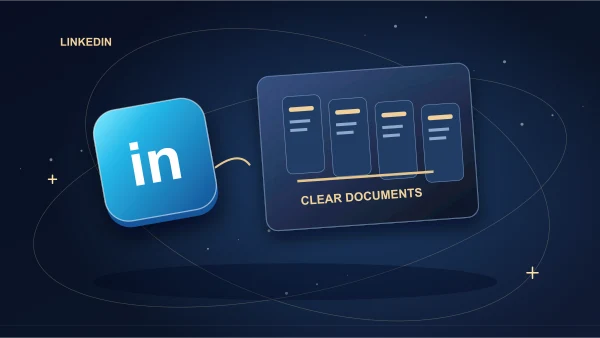 LinkedIn tile beside a stack of structured document pages