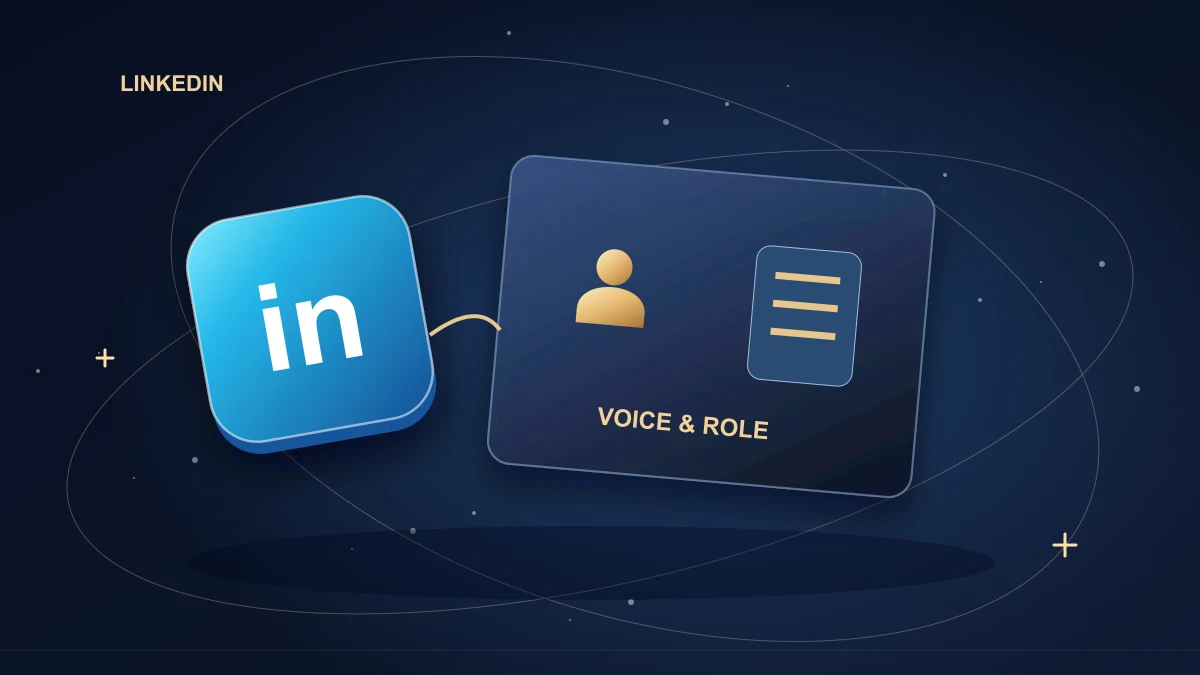 LinkedIn personal identity card beside an official company publishing card