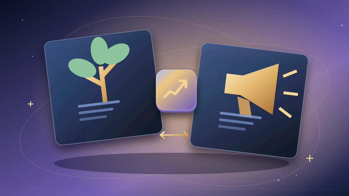 Two growth paths comparing a content tree and a paid distribution megaphone
