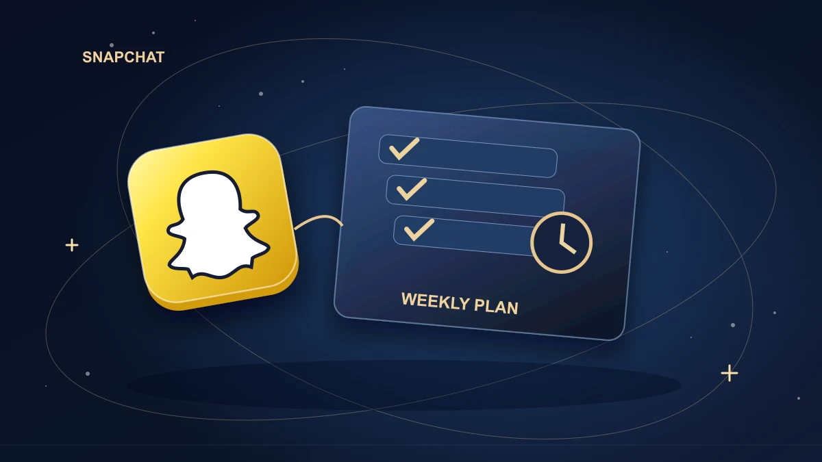 Snapchat tile above a weekly calendar of distinct story and clip cards