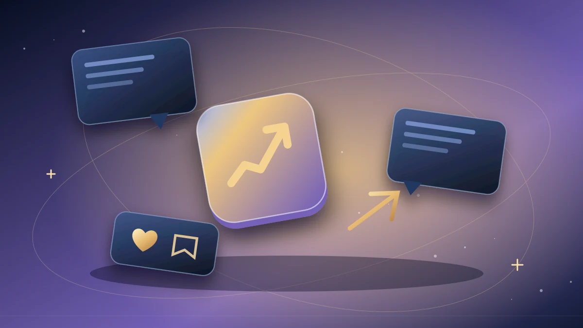 Gold conversation sphere connecting reaction, share, save and comment symbols