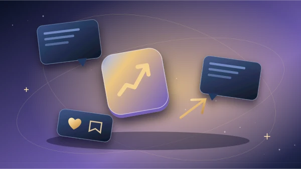 Gold conversation sphere connecting reaction, share, save and comment symbols